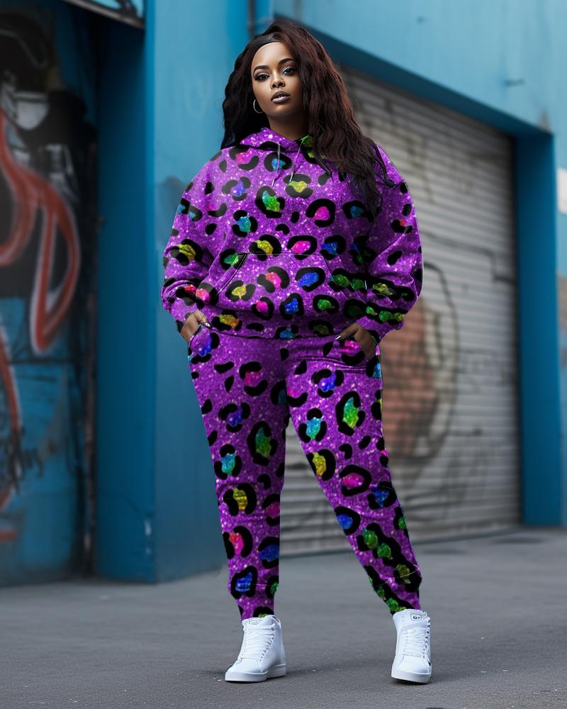 Women s Plus Size Purple Multicolor Leopard Print Hoodie Set Pack of