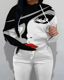 Contrast color art print loose hooded sweatshirt suit for women